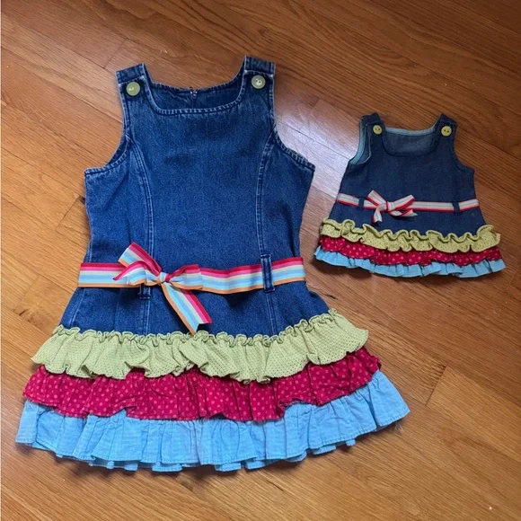 American Girl Bitty Baby Denim Dress with Colorful Ruffles & Matching Doll Dress - Picture 1 of 3